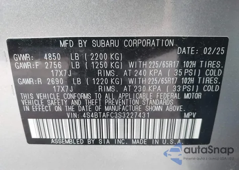 2025 Subaru Outback Premium z USA, uszkodzony, nr VIN 4S4BTAFC3S3227431
